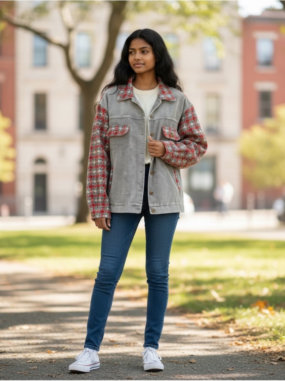 POL Corduroy Body Jean Jacket with Red & Gray Houndstooth Sleeves